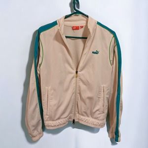 Vintage Zip Up Puma Track Jacket White with Teal/Green Striped Sleeves. Men's M